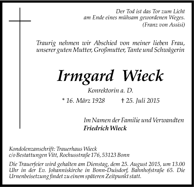  Traueranzeige für Irmgard Wieck vom 22.08.2015 aus Kölner Stadt-Anzeiger / Kölnische Rundschau / Express