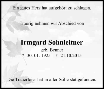Anzeige von Irmgard Sohnleitner von Kölner Stadt-Anzeiger / Kölnische Rundschau / Express