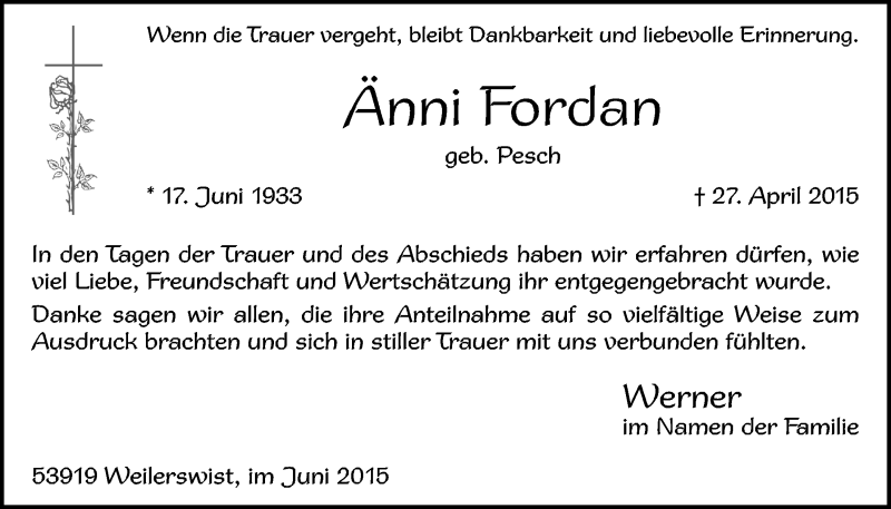  Traueranzeige für Änni Fordan vom 14.06.2015 aus  Blickpunkt Euskirchen 