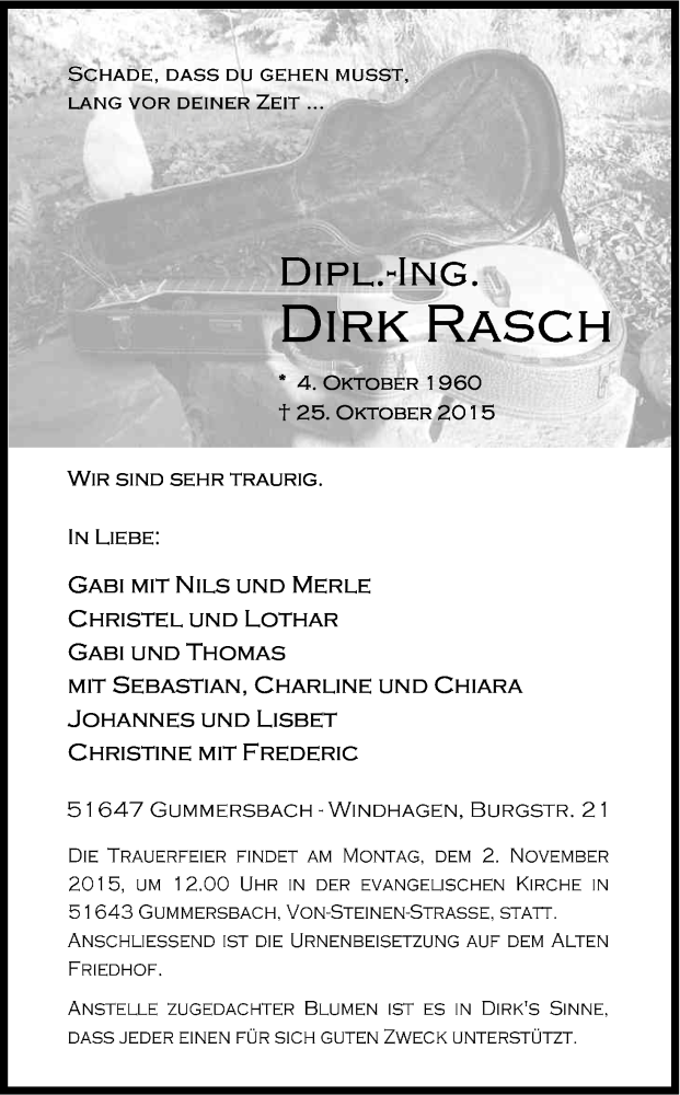  Traueranzeige für Dirk Rasch vom 29.10.2015 aus Kölner Stadt-Anzeiger / Kölnische Rundschau / Express