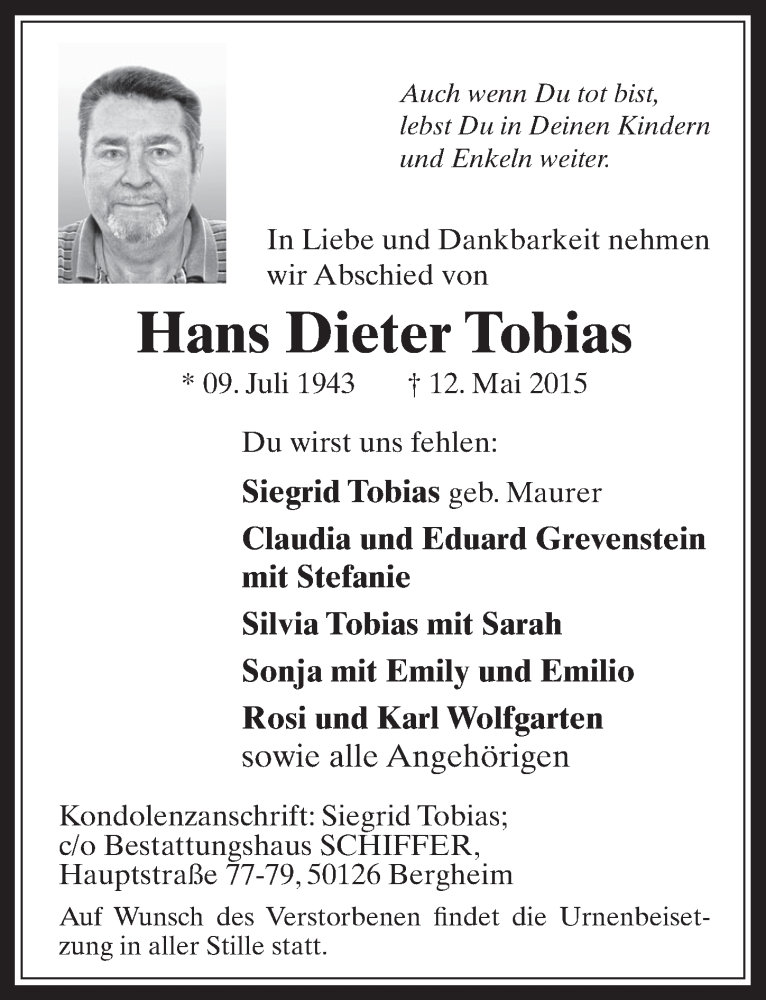  Traueranzeige für Hans Dieter Tobias vom 20.05.2015 aus  Werbepost 