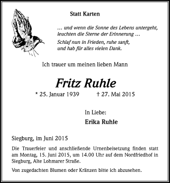 Anzeige von Fritz Ruhle von Kölner Stadt-Anzeiger / Kölnische Rundschau / Express