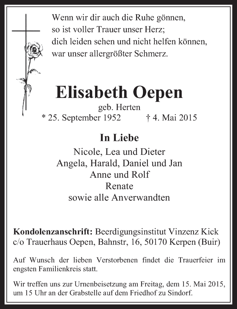  Traueranzeige für Elisabeth Oepen vom 13.05.2015 aus  Werbepost 