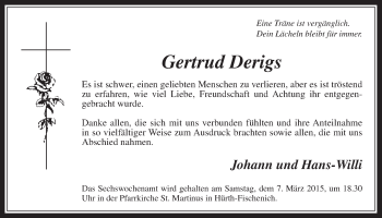 Anzeige von Gertrud Derigs von  Wochenende 