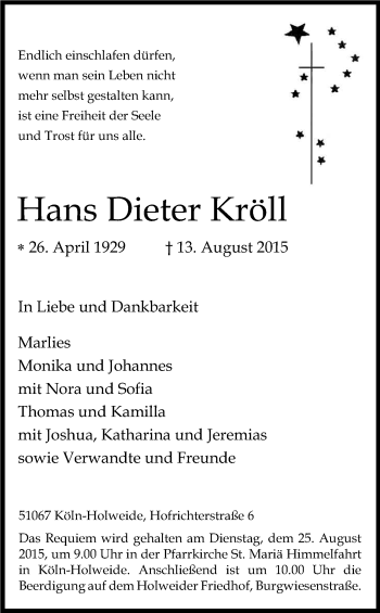 Anzeige von Hans Dieter Kröll von Kölner Stadt-Anzeiger / Kölnische Rundschau / Express
