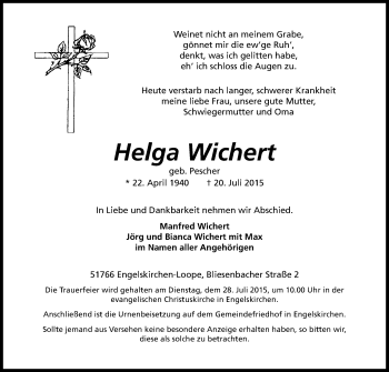 Anzeige von Helga Wichert von Kölner Stadt-Anzeiger / Kölnische Rundschau / Express