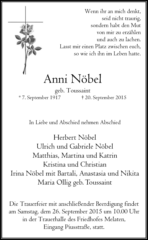  Traueranzeige für Anni Nöbel vom 23.09.2015 aus Kölner Stadt-Anzeiger / Kölnische Rundschau / Express