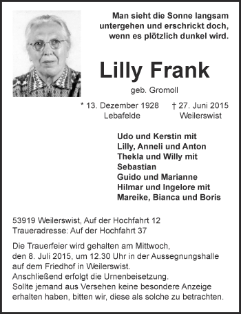 Anzeige von Lilly Frank von  Blickpunkt Euskirchen 