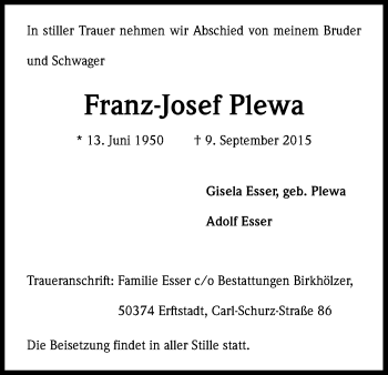Anzeige von Franz-Josef Plewa von Kölner Stadt-Anzeiger / Kölnische Rundschau / Express