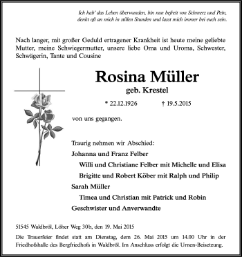 Anzeige von Rosina Müller von Kölner Stadt-Anzeiger / Kölnische Rundschau / Express
