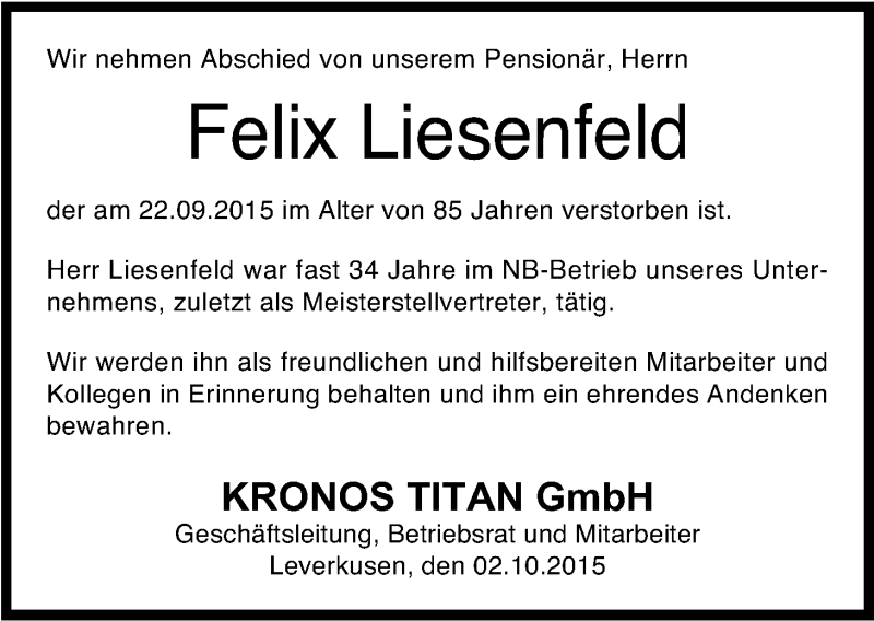  Traueranzeige für Felix Liesenfeld vom 02.10.2015 aus Kölner Stadt-Anzeiger / Kölnische Rundschau / Express