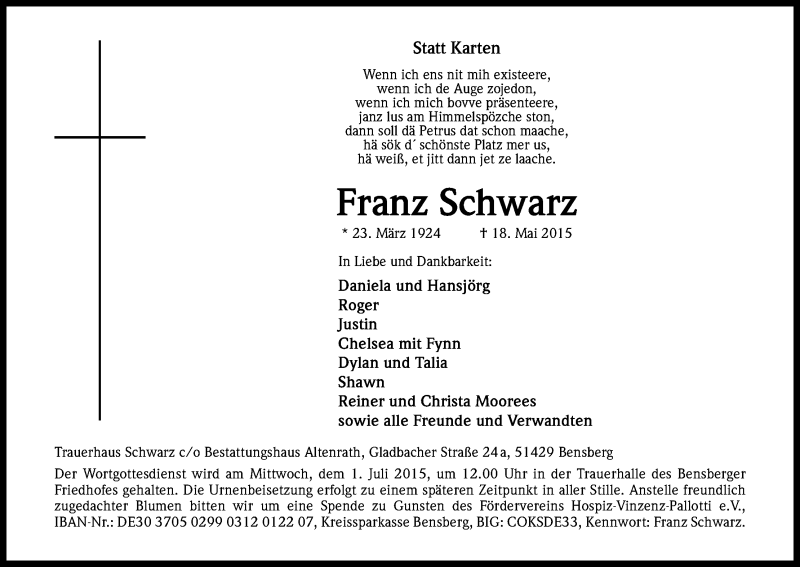  Traueranzeige für Franz Schwarz vom 24.06.2015 aus Kölner Stadt-Anzeiger / Kölnische Rundschau / Express