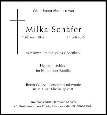 Anzeige von Milka Schäfer von Kölner Stadt-Anzeiger / Kölnische Rundschau / Express