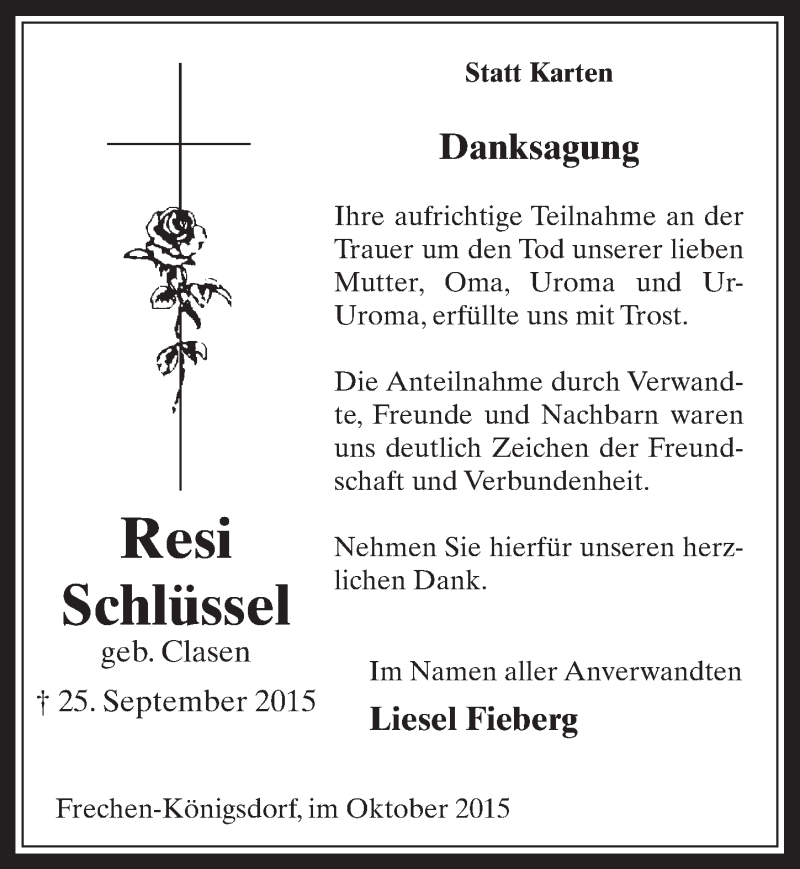  Traueranzeige für Resi Schlüssel vom 21.10.2015 aus  Wochenende 