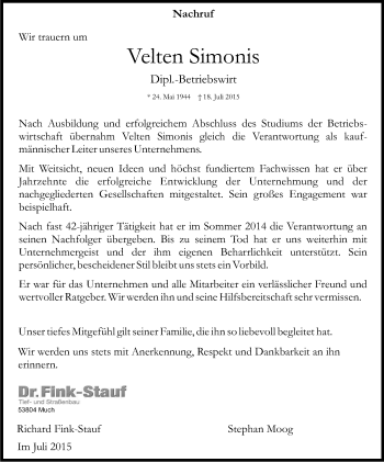Anzeige von Velten Simonis von Kölner Stadt-Anzeiger / Kölnische Rundschau / Express