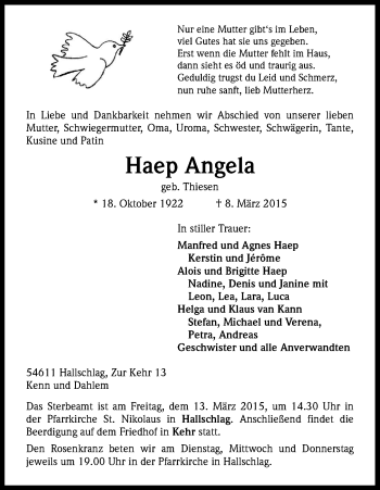 Anzeige von Haep Angela von Kölner Stadt-Anzeiger / Kölnische Rundschau / Express