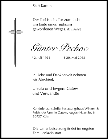Anzeige von Günter Pechoc von Kölner Stadt-Anzeiger / Kölnische Rundschau / Express