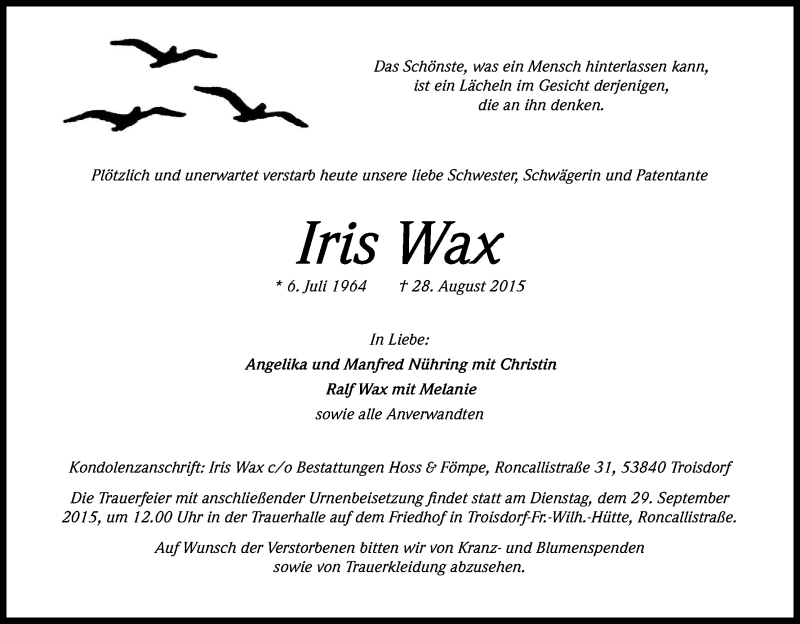  Traueranzeige für Iris Wax vom 18.09.2015 aus Kölner Stadt-Anzeiger / Kölnische Rundschau / Express