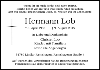 Anzeige von Hermann Lob von Kölner Stadt-Anzeiger / Kölnische Rundschau / Express