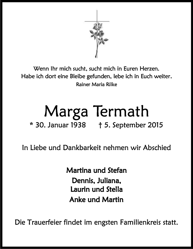  Traueranzeige für Marga Termath vom 09.09.2015 aus Kölner Stadt-Anzeiger / Kölnische Rundschau / Express
