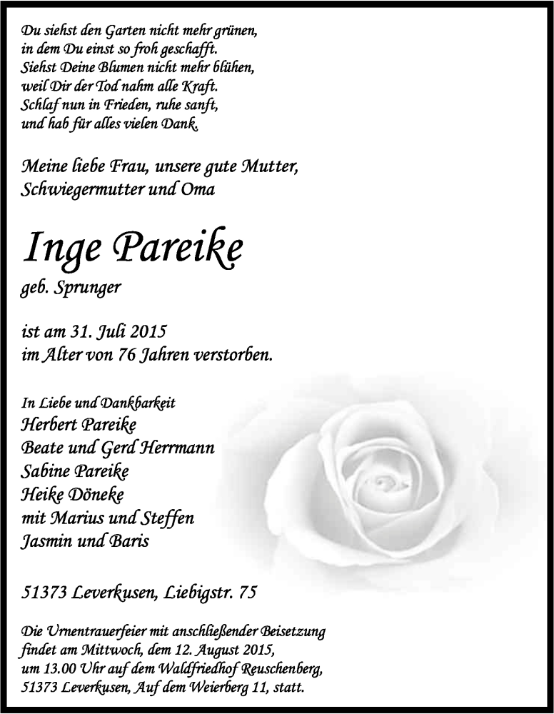  Traueranzeige für Inge Pareike vom 08.08.2015 aus Kölner Stadt-Anzeiger / Kölnische Rundschau / Express