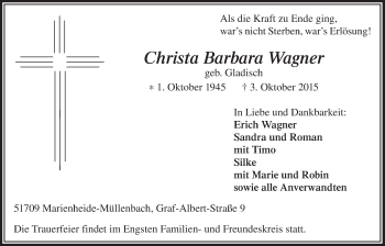 Anzeige von Christa Barbara Wagner von  Anzeigen Echo 