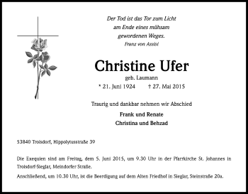 Anzeige von Christine Ufer von Kölner Stadt-Anzeiger / Kölnische Rundschau / Express
