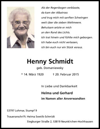 Anzeige von Henny Schmidt von Kölner Stadt-Anzeiger / Kölnische Rundschau / Express