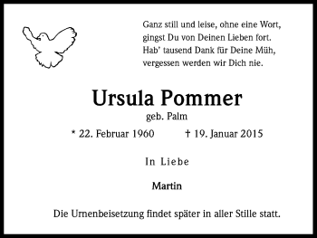 Anzeige von Ursula Pommer von Kölner Stadt-Anzeiger / Kölnische Rundschau / Express