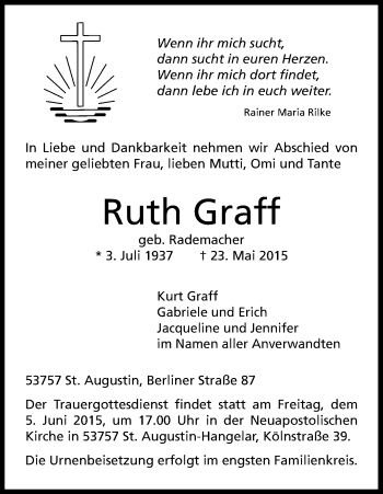 Anzeige von Ruth Graff von Kölner Stadt-Anzeiger / Kölnische Rundschau / Express