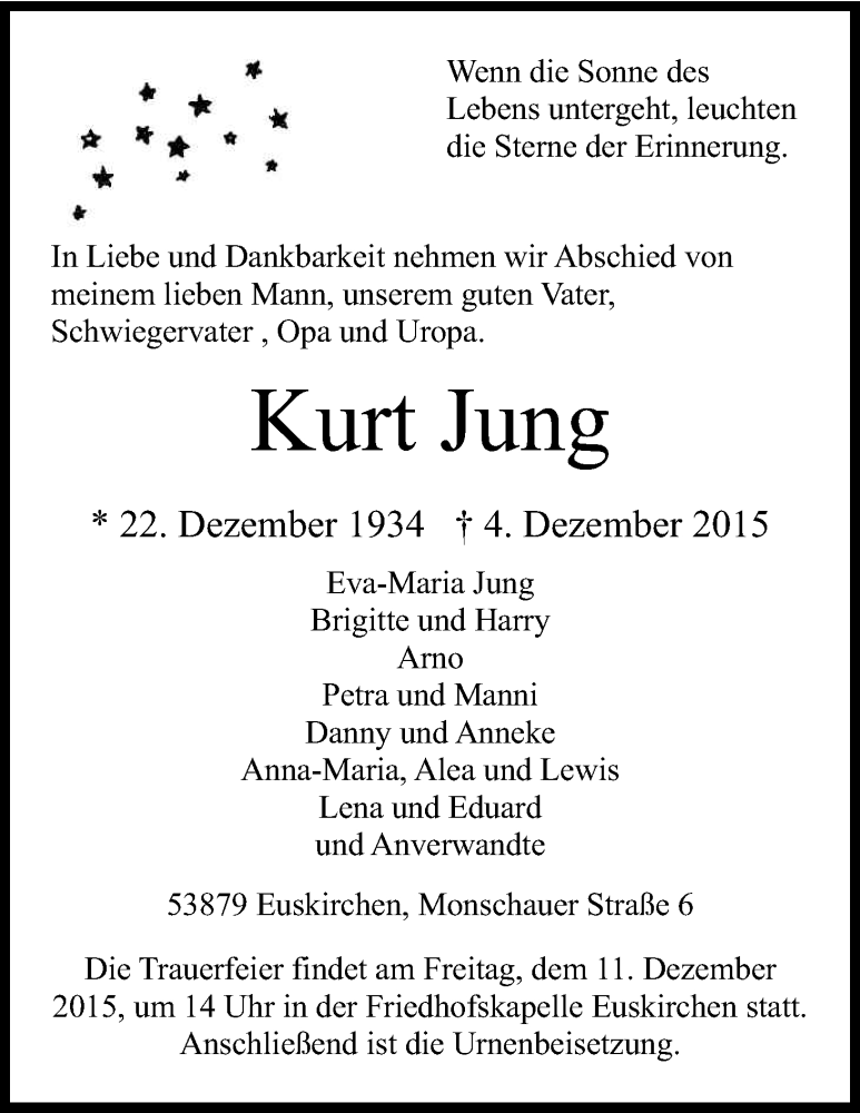  Traueranzeige für Kurt Jung vom 08.12.2015 aus Kölner Stadt-Anzeiger / Kölnische Rundschau / Express