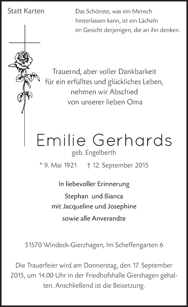  Traueranzeige für Emilie Gerhards vom 16.09.2015 aus  Lokalanzeiger 