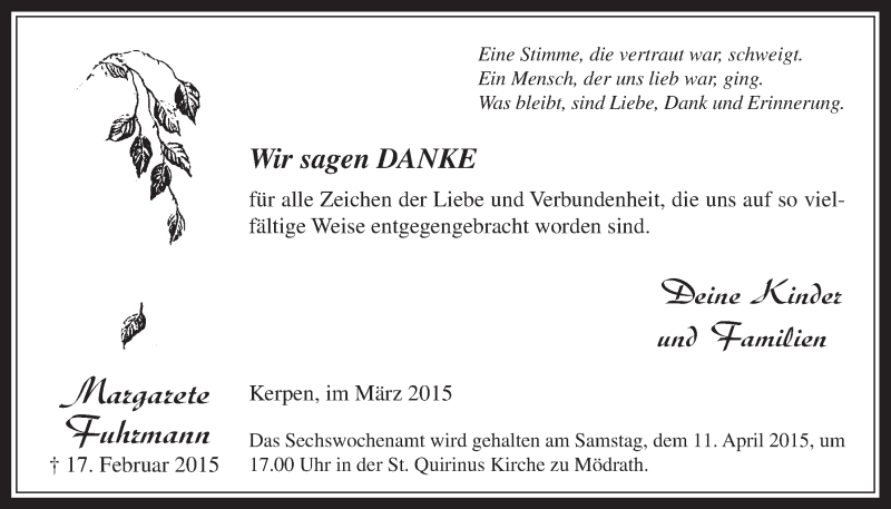  Traueranzeige für Margarete Fuhrmann vom 01.04.2015 aus  Werbepost 