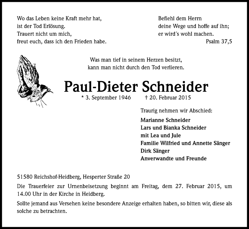  Traueranzeige für Paul-Dieter Schneider vom 24.02.2015 aus Kölner Stadt-Anzeiger / Kölnische Rundschau / Express