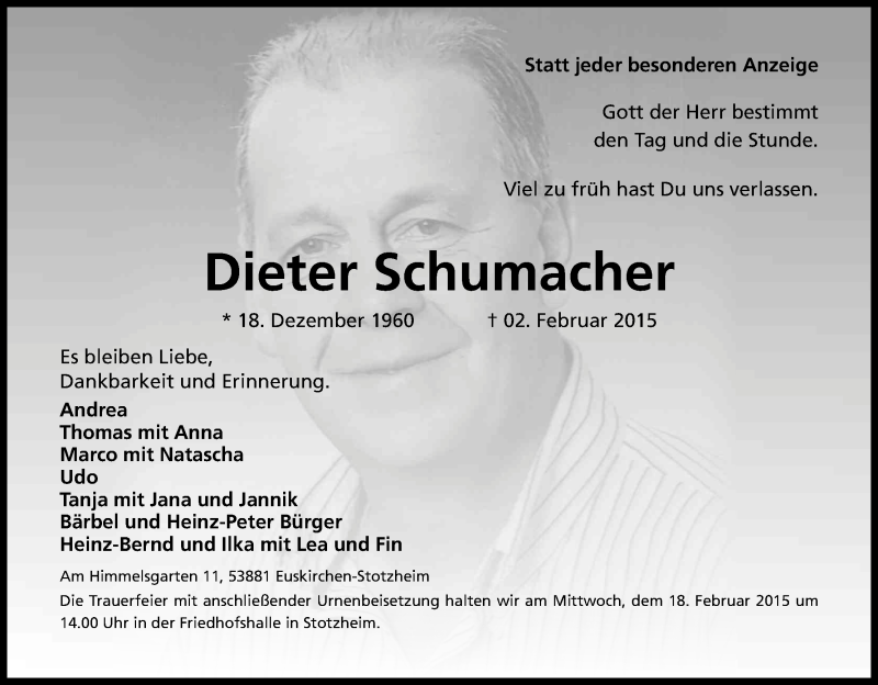 Traueranzeige für Dieter Schumacher vom 09.02.2015 aus Kölner Stadt-Anzeiger / Kölnische Rundschau / Express