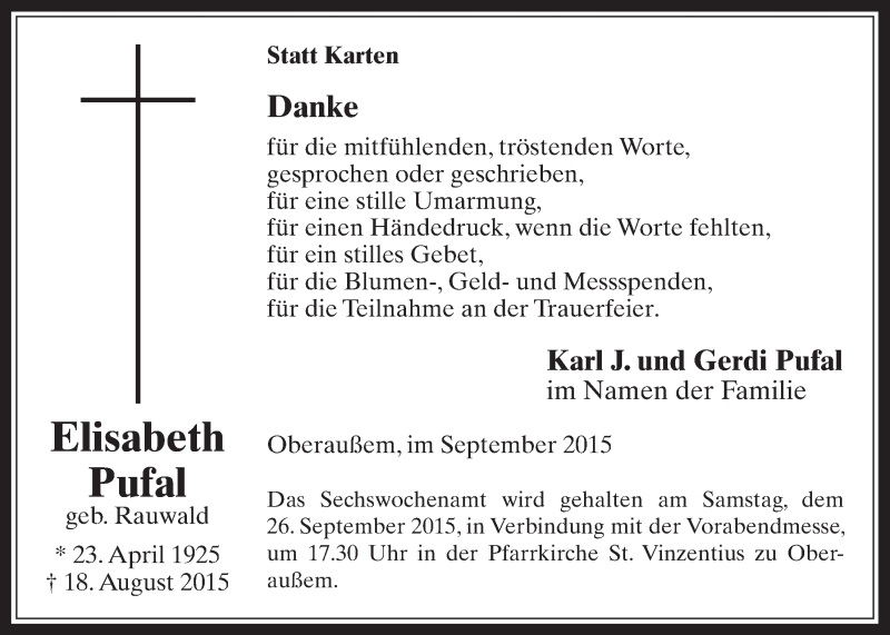  Traueranzeige für Elisabeth Pufal vom 16.09.2015 aus  Werbepost 