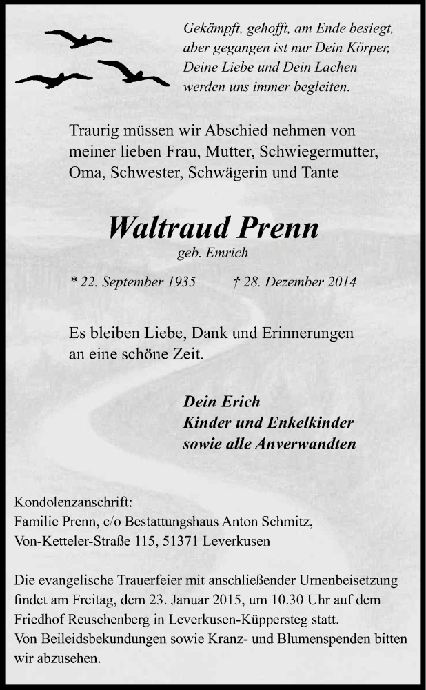  Traueranzeige für Waltraud Prenn vom 17.01.2015 aus Kölner Stadt-Anzeiger / Kölnische Rundschau / Express