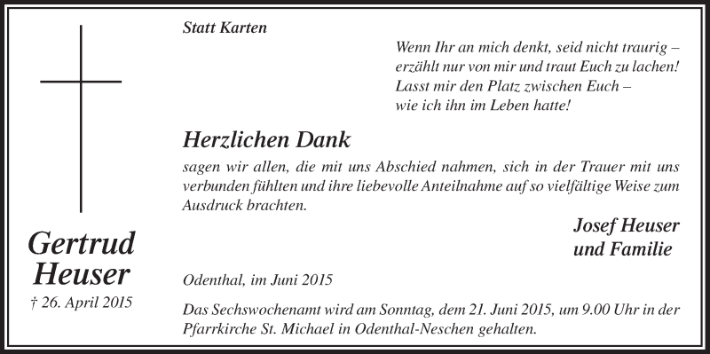  Traueranzeige für Gertrud Heuser vom 06.06.2015 aus  Leverkusener Wochenende 