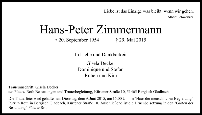  Traueranzeige für Hans-Peter Zimmermann vom 06.06.2015 aus Kölner Stadt-Anzeiger / Kölnische Rundschau / Express