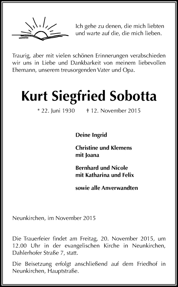  Traueranzeige für Kurt Siegfried Sobotta vom 17.11.2015 aus Kölner Stadt-Anzeiger / Kölnische Rundschau / Express