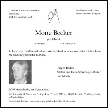Anzeige von Mone Becker von Kölner Stadt-Anzeiger / Kölnische Rundschau / Express