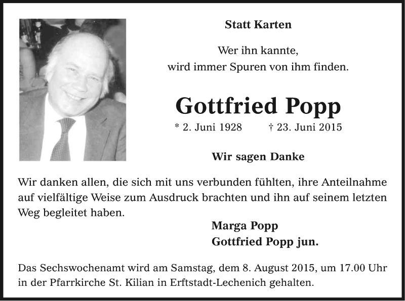  Traueranzeige für Gottfried Popp vom 01.08.2015 aus Kölner Stadt-Anzeiger / Kölnische Rundschau / Express