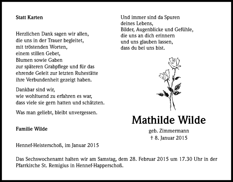  Traueranzeige für Mathilde Wilde vom 21.02.2015 aus Kölner Stadt-Anzeiger / Kölnische Rundschau / Express