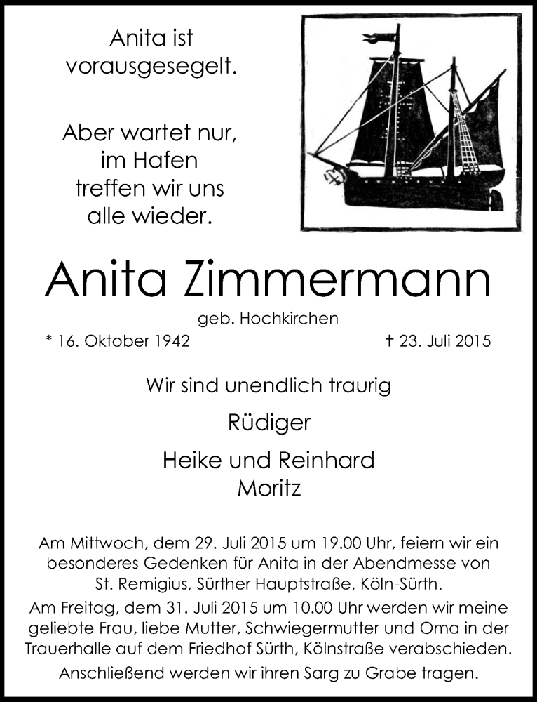  Traueranzeige für Anita Zimmermann vom 29.07.2015 aus  Kölner Wochenspiegel 