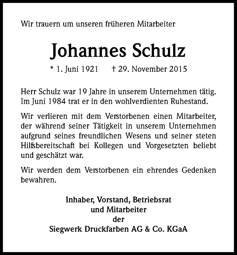  Traueranzeige für Johannes Schulz vom 09.12.2015 aus Kölner Stadt-Anzeiger / Kölnische Rundschau / Express