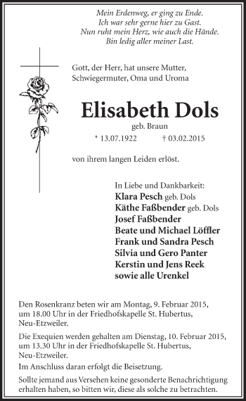 Anzeige von Elisabeth Dols von  Sonntags-Post 