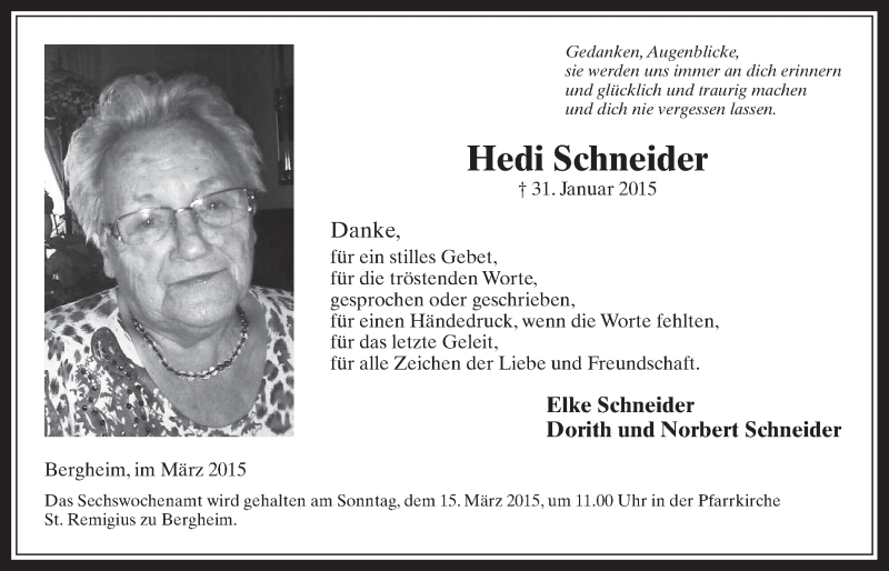  Traueranzeige für Hedi Schneider vom 11.03.2015 aus  Werbepost 