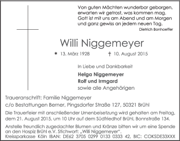 Anzeige von Willi Niggemeyer von  Schlossbote/Werbekurier 