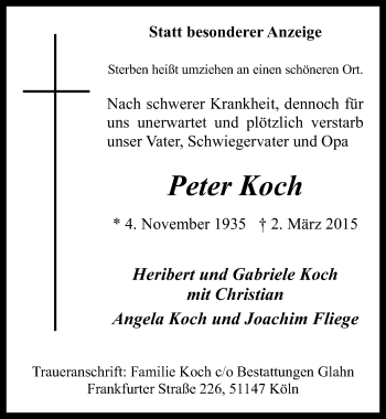 Anzeige von Peter Koch von  Kölner Wochenspiegel 