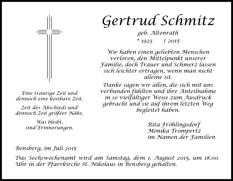  Traueranzeige für Gertrud Schmitz vom 25.07.2015 aus Kölner Stadt-Anzeiger / Kölnische Rundschau / Express